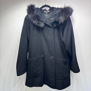 Vintage Black Double Breasted Swing Coat Faux Fur Lined Hood Steve & Searle